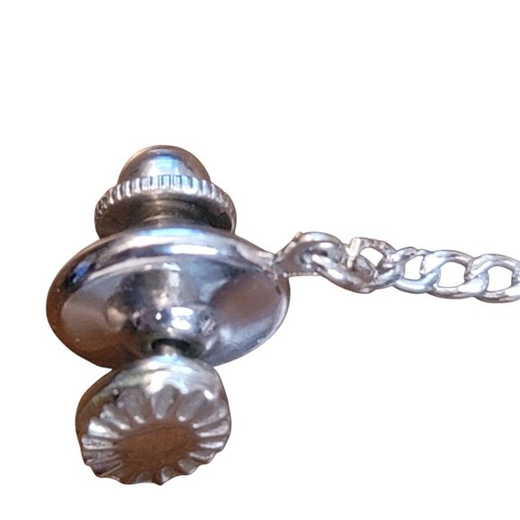 Vintage Oval Silver-Tone Tie Tack Chain Bar & Clutch Starburst like cuts edges - Picture 2 of 5